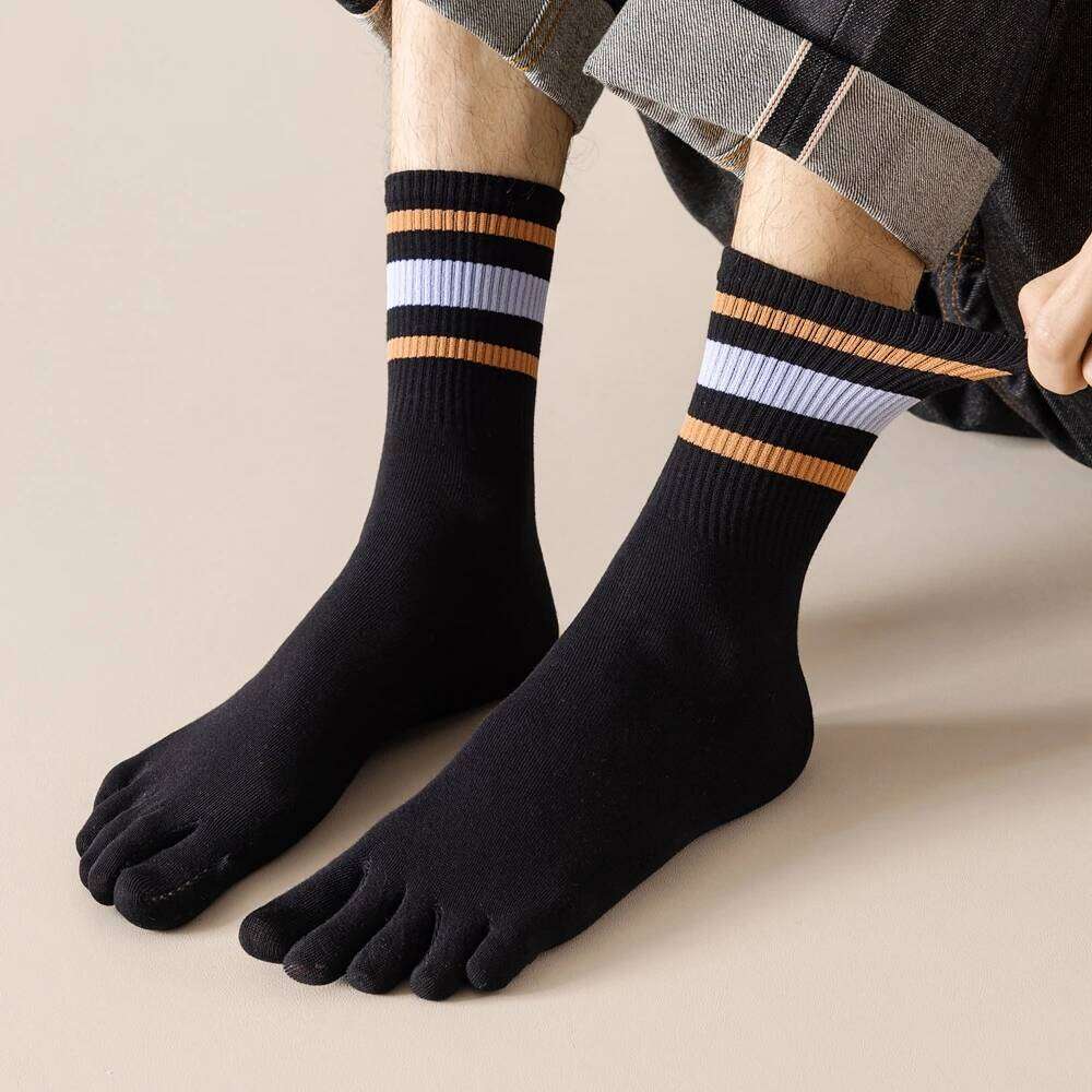 5 Pairs Men Toe with Separate Fingers Mid Tube Five Finger Striped Cotton Sports Socks Summer High Quality Z260314