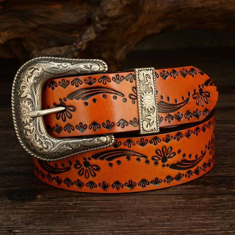 3.8CM Vintage Pin Buckle with Flower Grass Pattern Genuine Leather Belt for Men Work of Art Strap High Quality Z260226