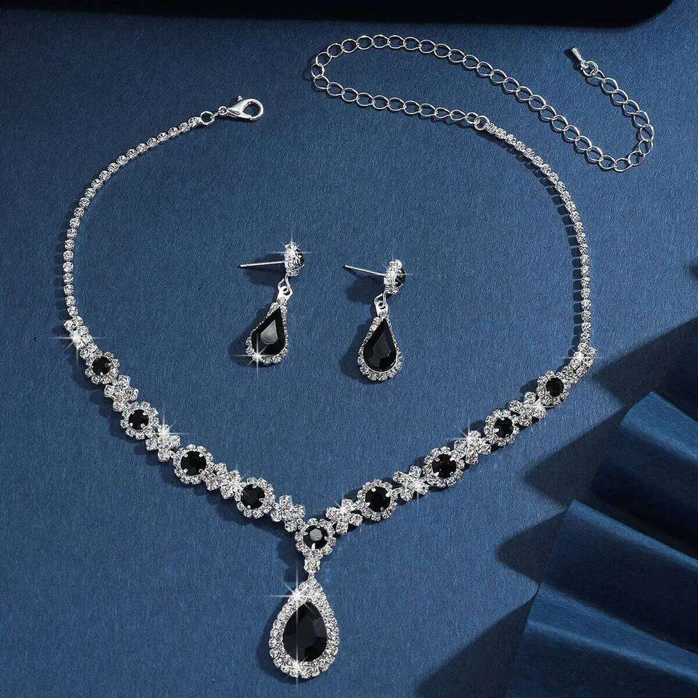 Luxury Blue Crystal Jewelry Set Women Necklace Earrings Shiny Sapphire Style Silver Tone Party Wedding Accessories Z260313