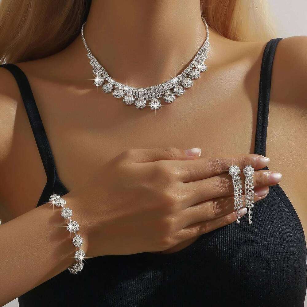 European and American diamond studded super sparkling necklace earrings bracelet fashionable high-end women's set Z260313