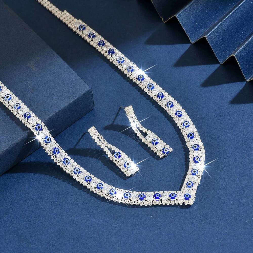 European American popular simple atmospheric silver blue earrings and necklace two-piece set Z260313