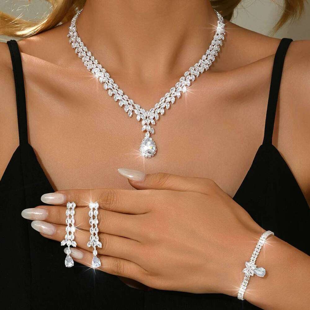 Ins Premium Simple and Versatile Daily Silver Necklace Earrings Bracelet Ring Full Diamond Four Piece Set Z260313