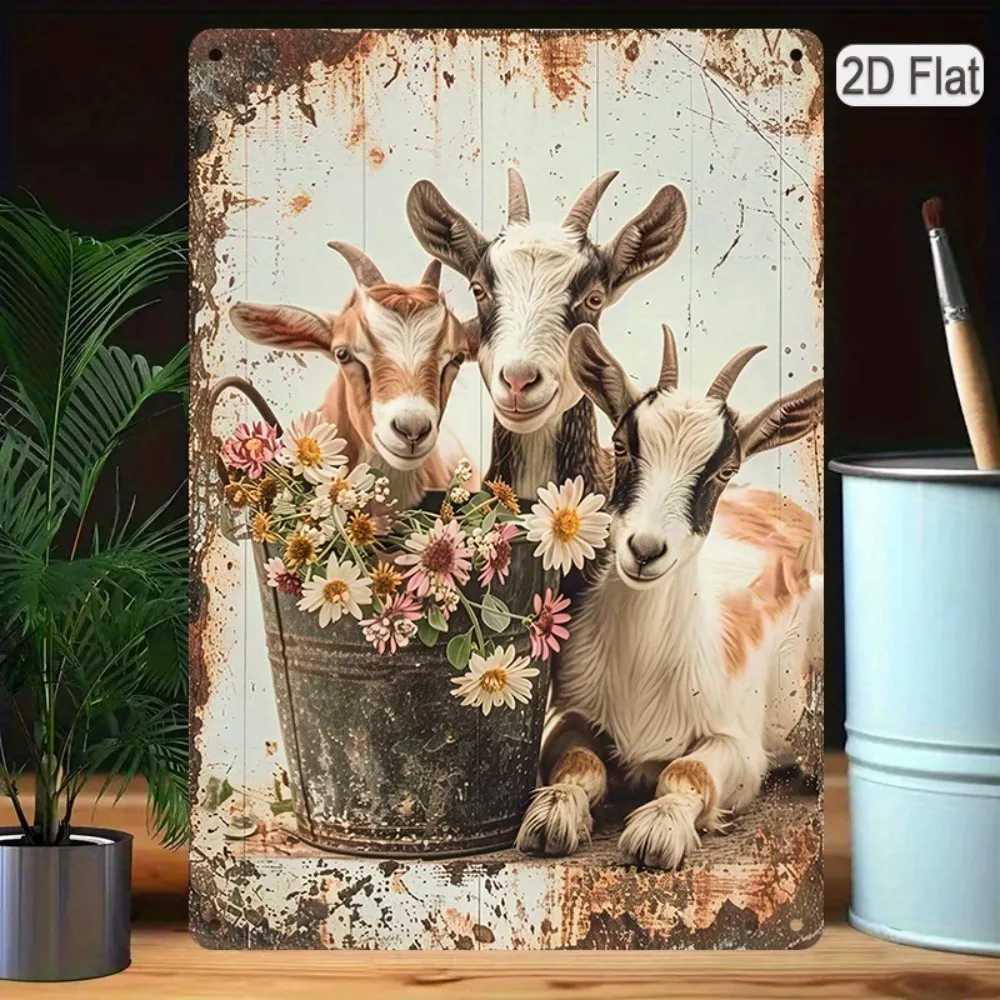 1pc 20x30cm Iron Metal Tin Sign Vintage Goat Farmhouse Decorative Wall Art for Home Kitchen Garden Barn Cafe Office D260314