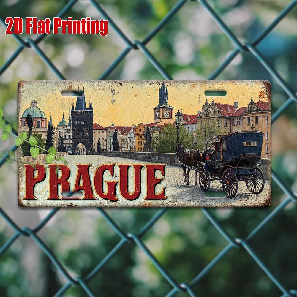 Printing Vintage Metal License Plate Outdoor Wall Art PRAGUE Aluminum Sign with Historic City and Horse Carriage Scene D260314