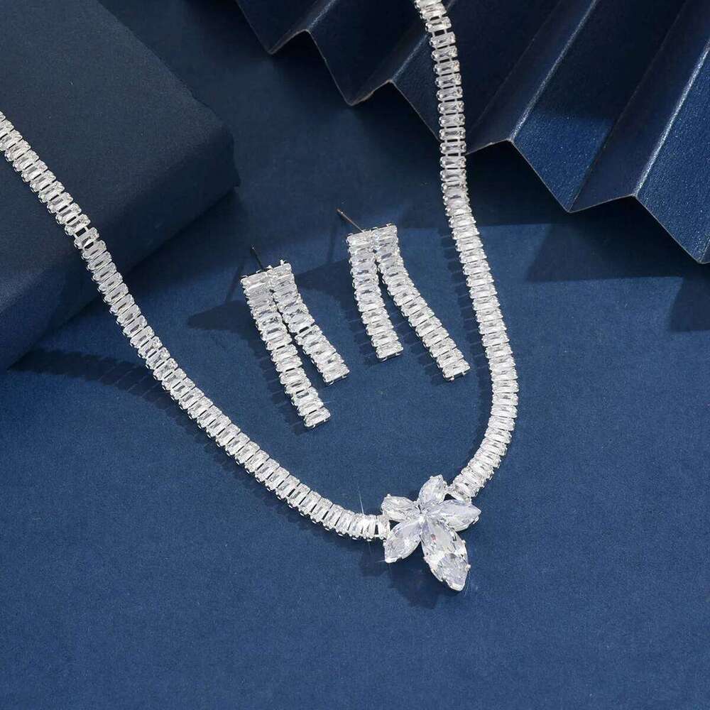 "Cubic Zirconia Choker Necklace Set Tassel Earrings Luxury Crystal Party Bridal Jewelry" Z260313