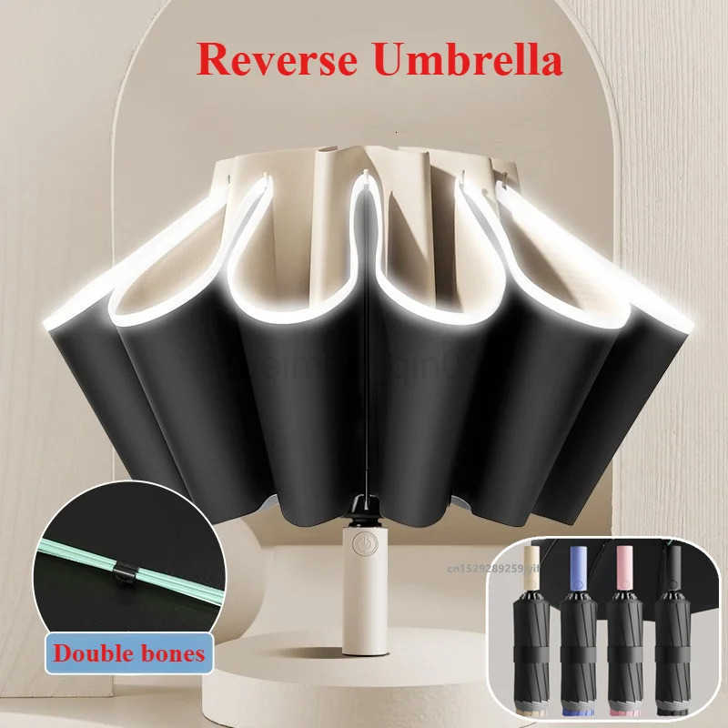 Reverse Folding Umbrellas Double Bones Black Glue Automatic Sunshade Sunscreen Rain Umbrella Strong Wind Resistance H260314