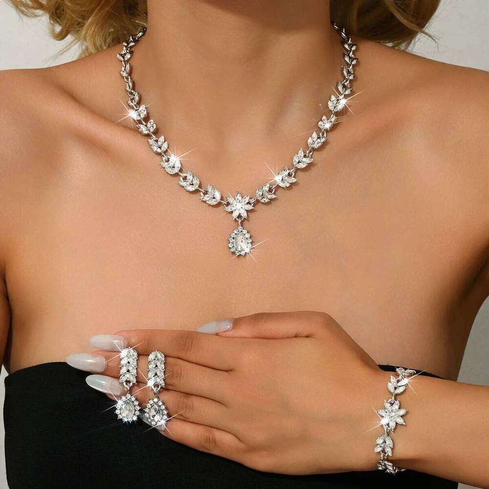 European and American fashion personality exquisite leaf drop earrings necklace bracelet classic bride wedding set Z260313