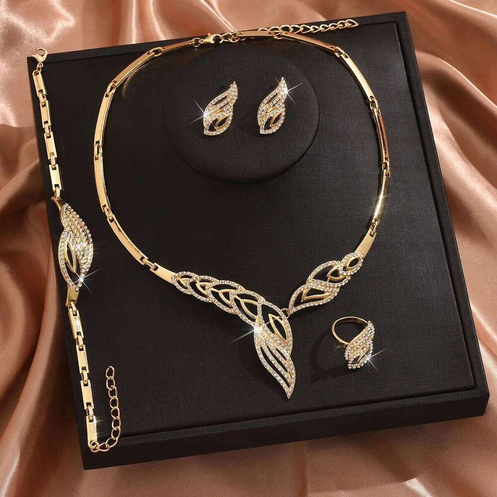 Luxury Gold Leaf Pattern Jewelry Set Women's Necklace Earrings Ring Bracelet 4pcs Shiny Party Wedding Statement Accessories Z260313