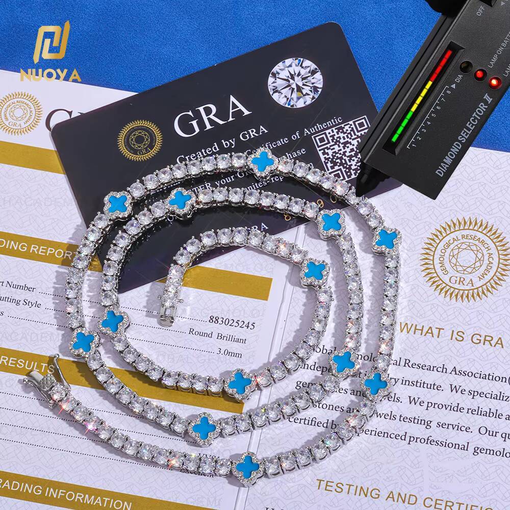 NUOYA 4mm Tennis Chain Necklace 925 Silver Iced Out VVS Moissanite Multicolor Clover Leaf Hip Hop Jewelry