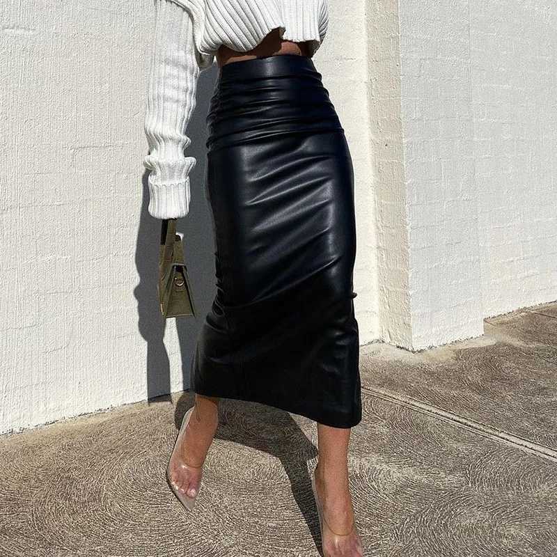 Women Autumn Sexy High Waist Bodycon Skirt Fashion Adults Slim-fit Solid Color Slit Leather Long Skirt Black/White M260314