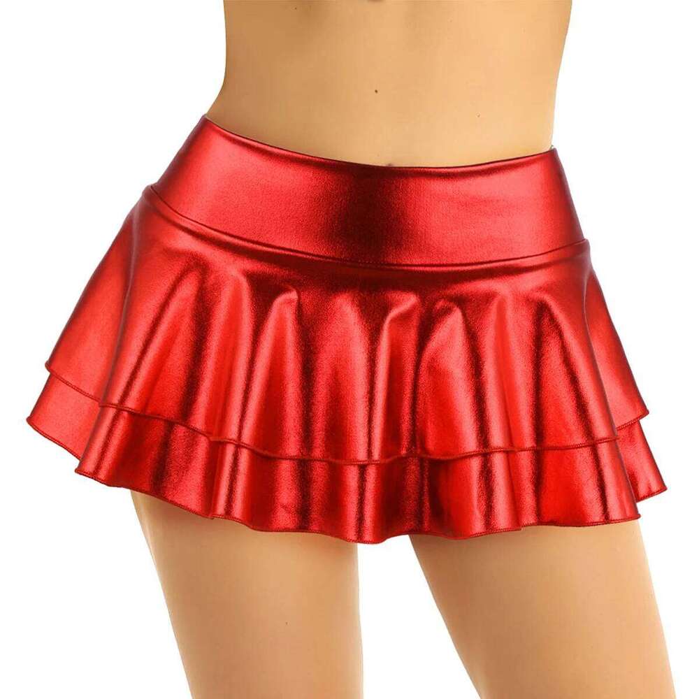 DPOIS Women Shiny Metallic Pleated Mini Skirt Adult Low Rise Elastic Skirts Ruffled Dance Costume Rave Carnival Festival Clothes Z260314