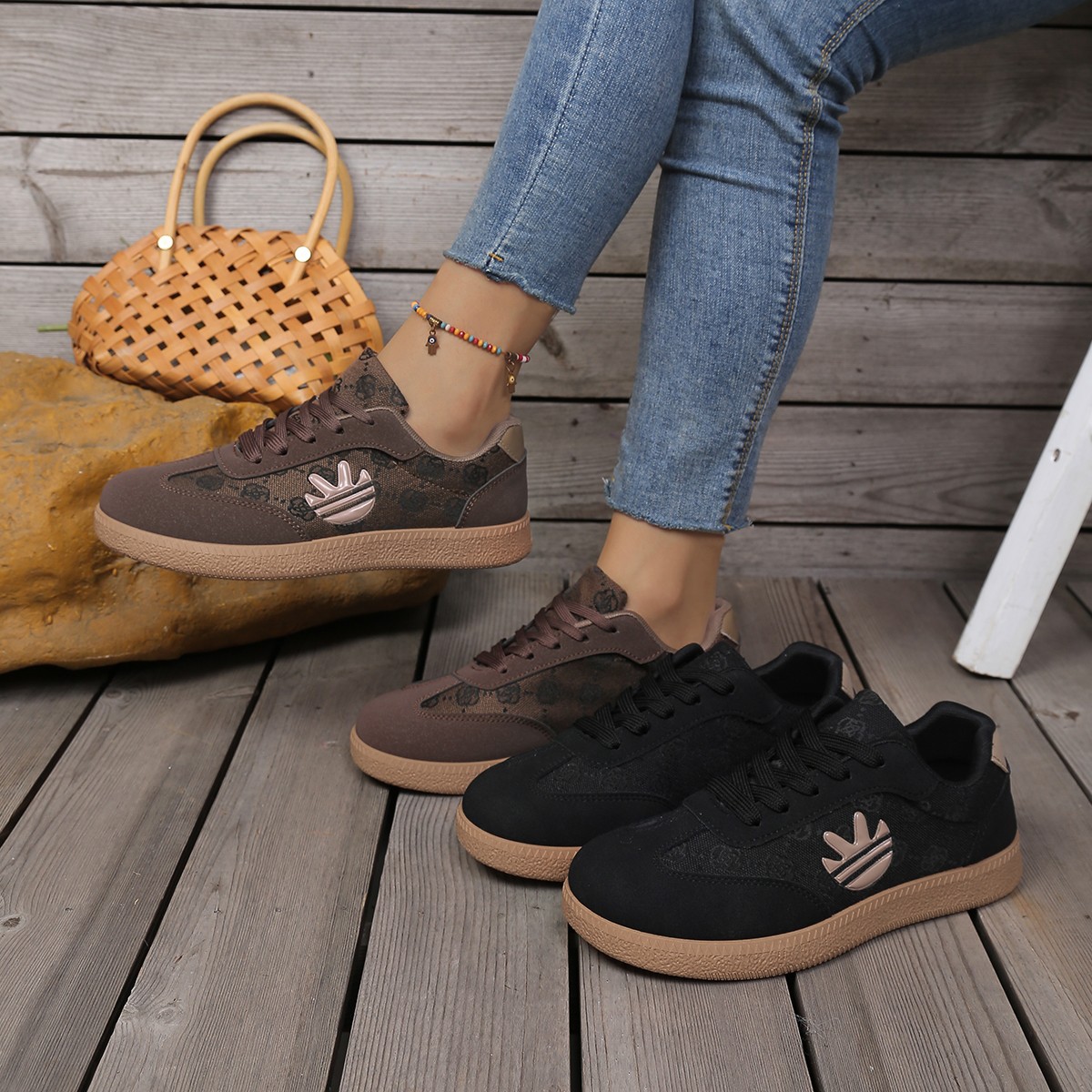 Luxury Premium Shoes 2026 New Women's Retro Brown Monogram Sneakers, Lace-Up Casual Skate Shoes, Fashion Versatile Comfortable Flat Shoes