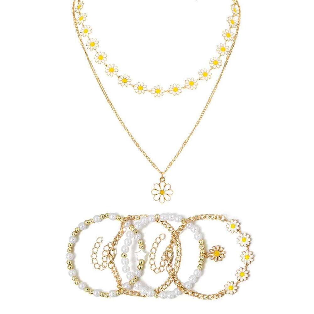 2-piece necklace+4-piece oil dripping daisy necklace imitation pearl chain bracelet versatile women's jewelry set Z260313