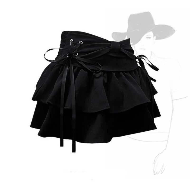 Blue Denim Pleated Skirt Bow Fold Design Womens A-line Short Skirt Built in Shorts American Spicy Korean Fashion Hotsweet M260314