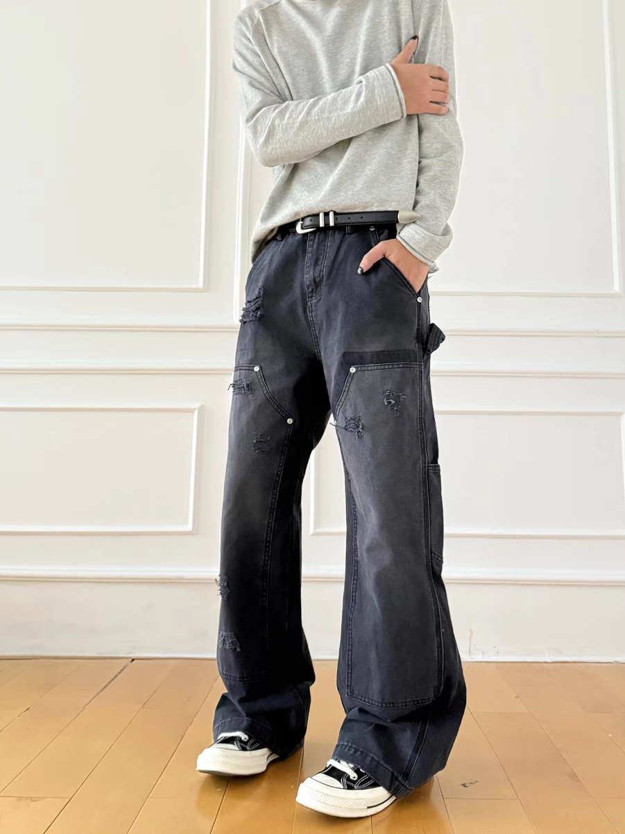 MIJKO Unisex Washed Black Jeans Tie-Dye Faded Pockets Men's And Women's Pants Z039#