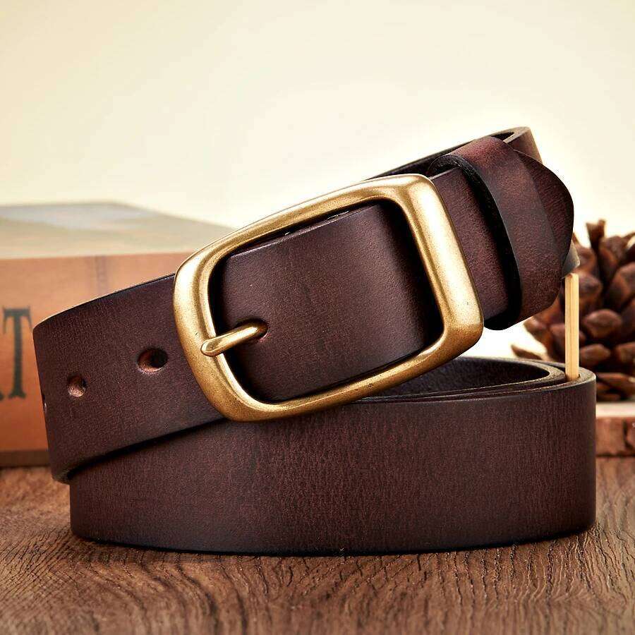 3.3CM High Quality Natural Cowskin Genuine Leather Belt Men Casual Copper Buckle Business Male Strap For Jeans Cowboy Cintos Z260226