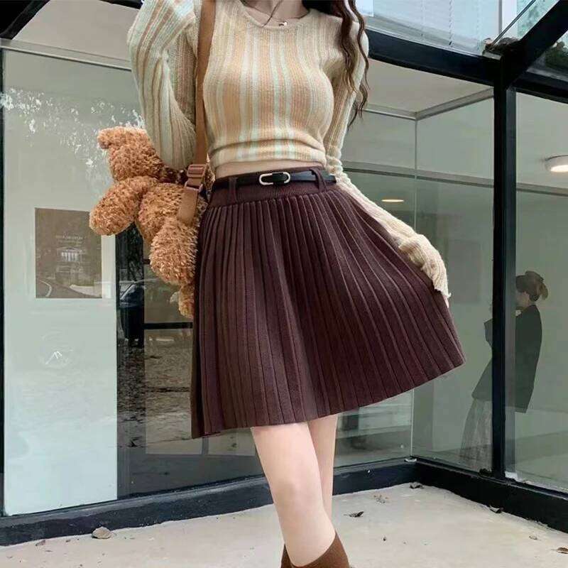 Elegant Aesthetic Pleated Women High-End Luxury Knitted Short Skirts for Woman Autumn Classic Elastic Waist A-Line Skirt Z260314