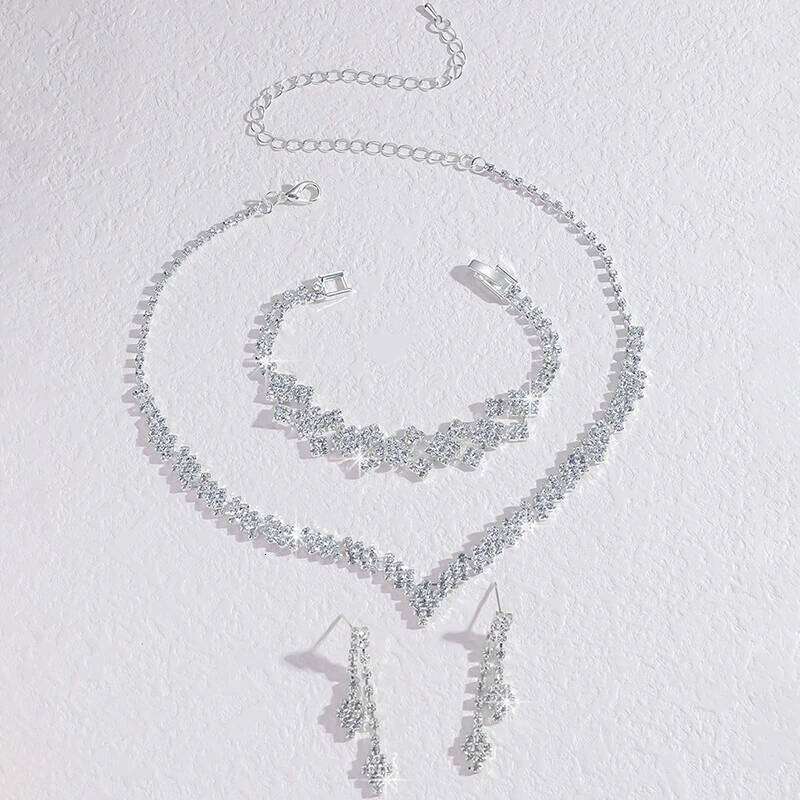 1Set Geometric Rhinestone Necklace Earrings Bracelet Kit Wedding Bride Simple Tassel Sparkling Jewelry Set Gifts Z260313