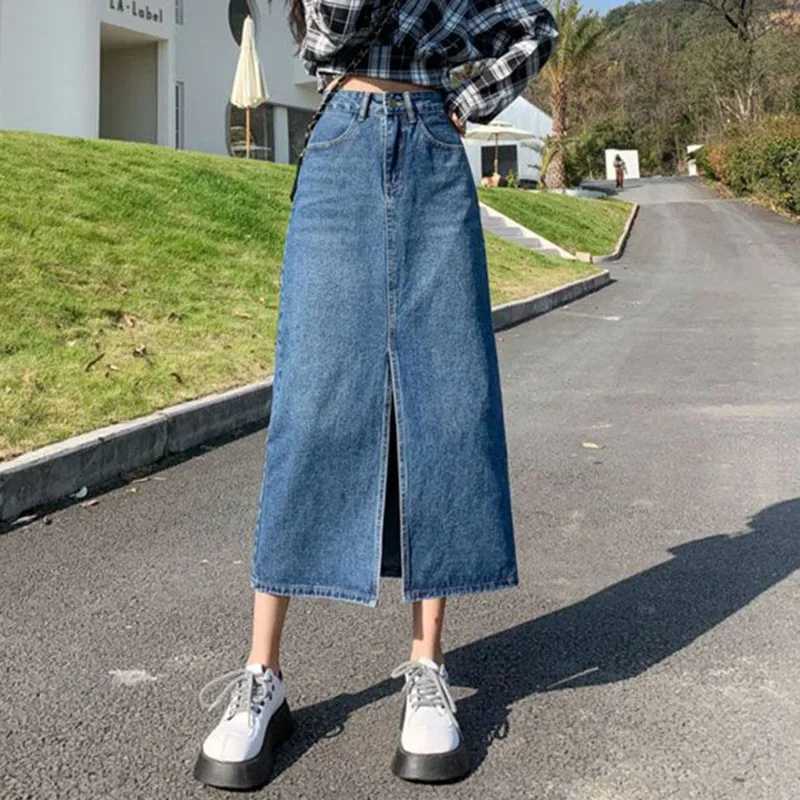 Female High Waist Solid Color Jeans Skirt Hot Sale Women Thin Mid-Long Dress s Korean Classic A-line Slit Denim Skirts M260314