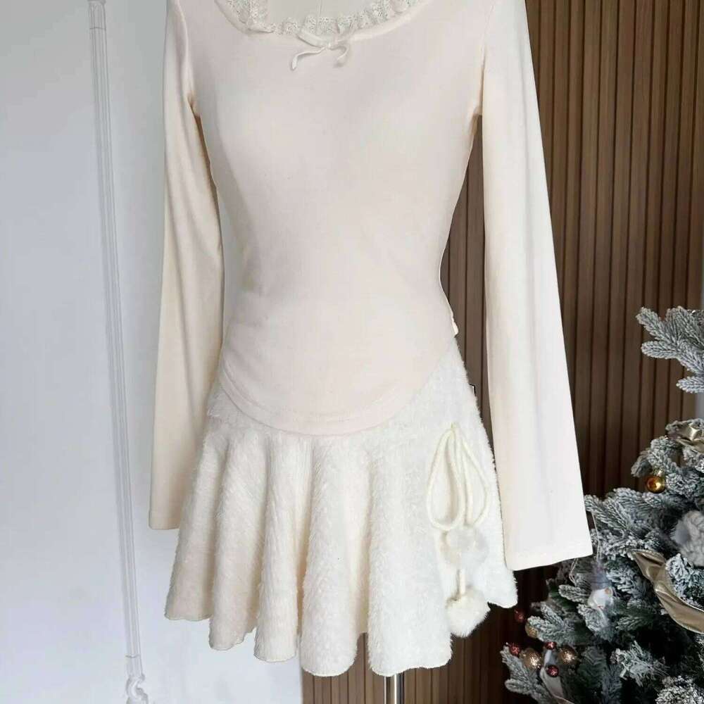 2025 Winter White Elegant Mini Woman Sexy A-line Retro Preppy Warm Skirt Female Lace Up Korea Style Chic Outfits New Z260314