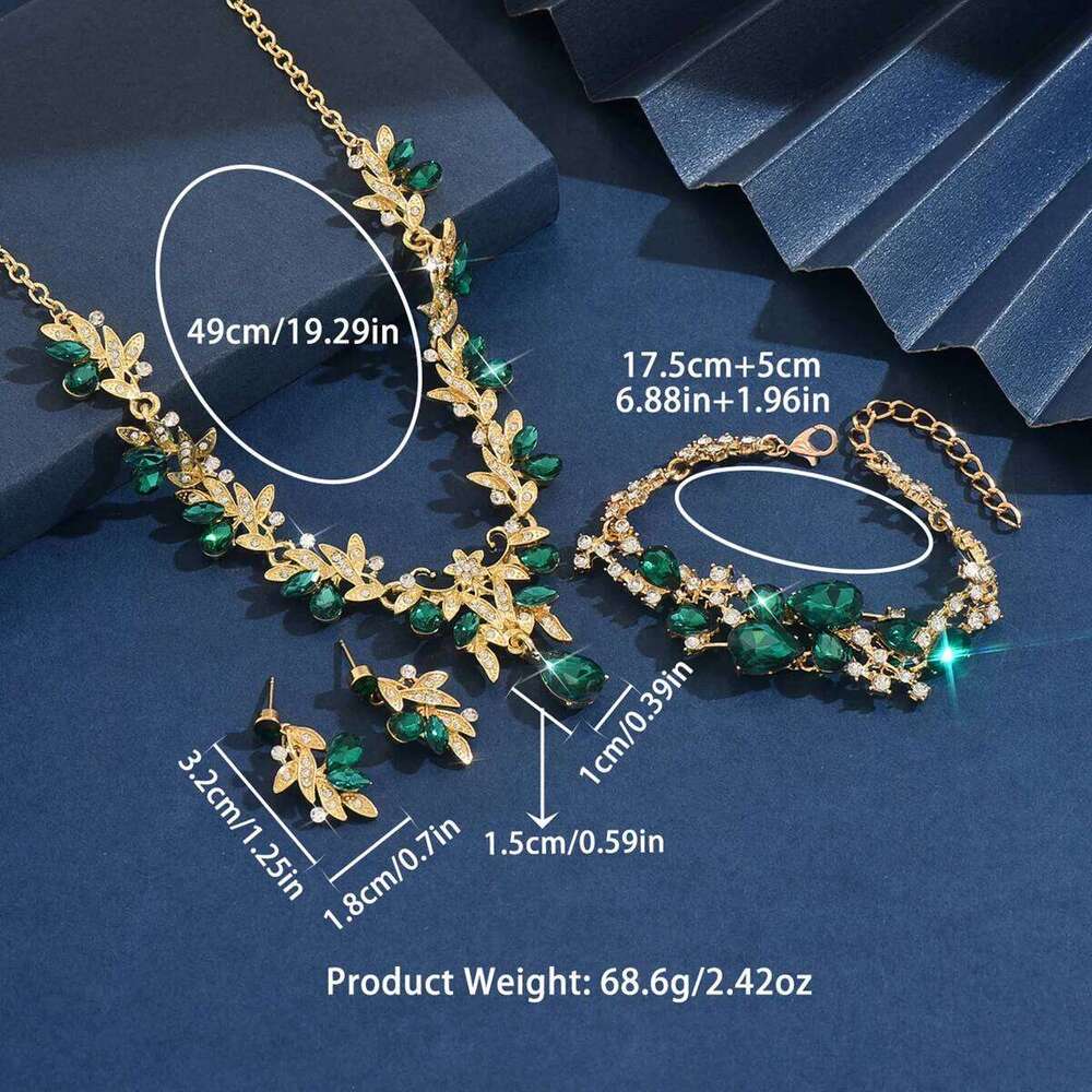 A 4-piece set of fashionable exquisite alloy diamond-encrusted, green crystal pendant, necklace, earrings and bracelet, ladi Z260313