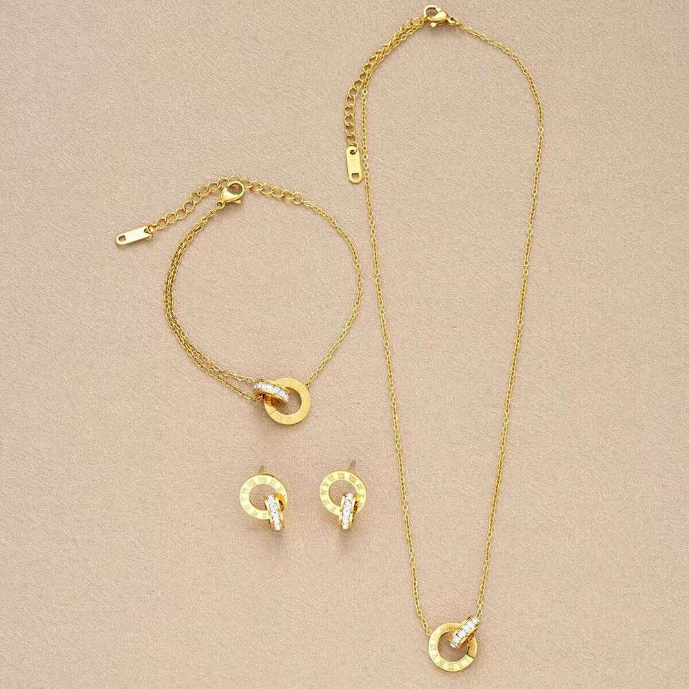 4Pcs/Set Stainless Steel Crystal Necklace Bracelet Earrings for Women Gold Color Interlocking Circles Roman Numbers Jewelry Sets Z260313