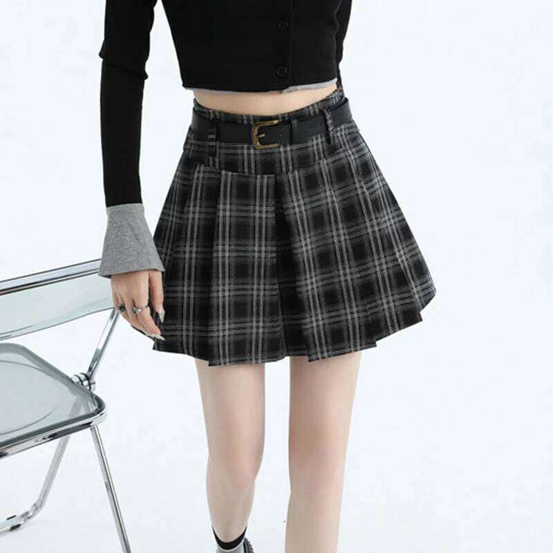 Preppy Plaid Mini Women High Waist A Line Belt Pleated Student Skirts Autumn Harajuku Sweet Casual Vintage Female Skirt Z260314