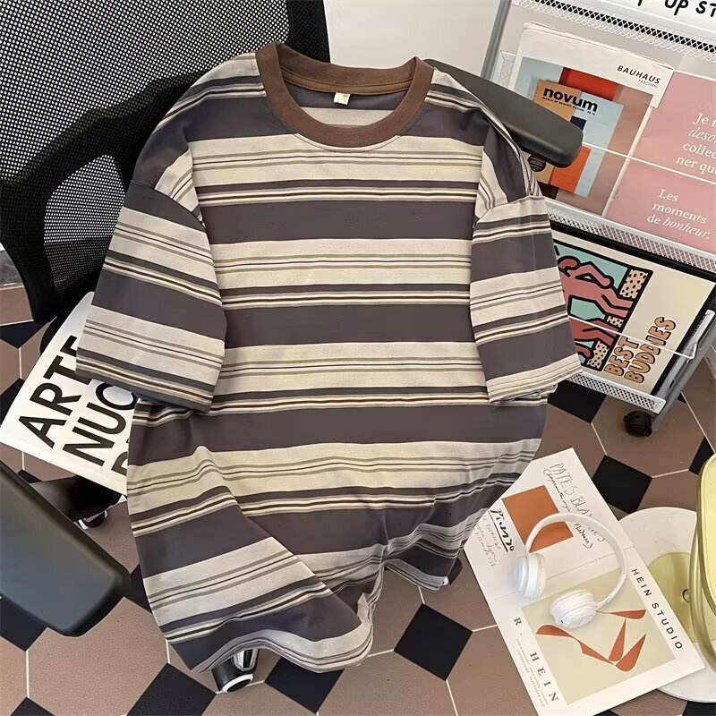 Designer Designer T-shirt Hoodie Summer New Japanesestyle Casual American Striped Colorblock For Men Loose Fit Stylish Trendy Polo Casual Shortsleeve