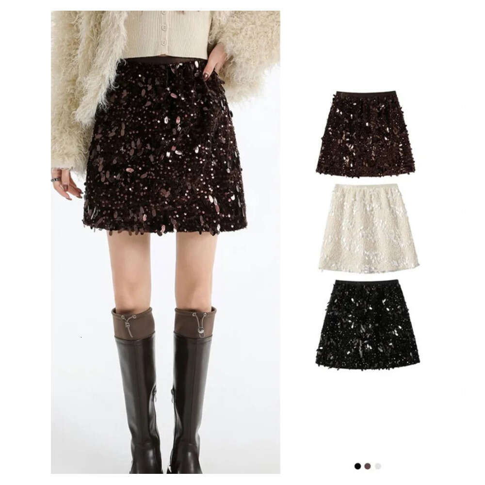 Coffee Sparkling Sequined Women's A-Line Skirt Autumn Winter Night Club High Waist Sexy Slim Short Pencil Skirts Woman Z260314