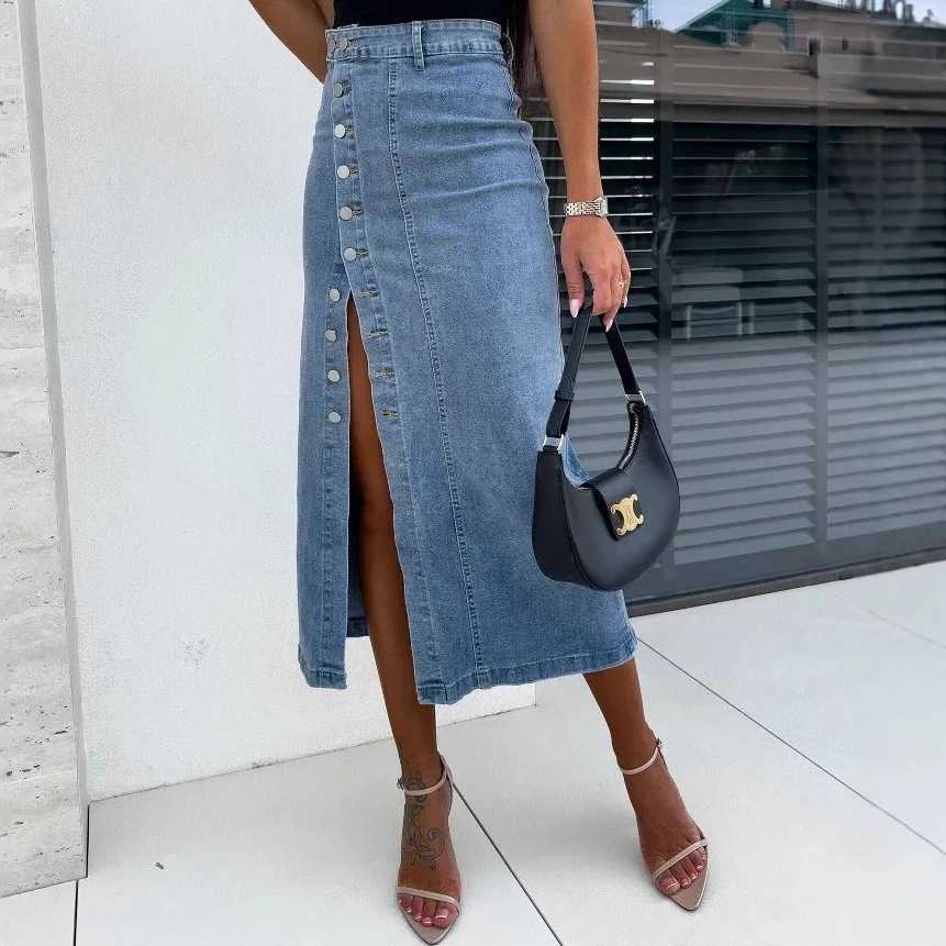 2026 Y2k Skirts Denim Women Long Skirt Single Breasted Irregular Split Stretch High Waist Distressed Washed Summer Streetwear M260314
