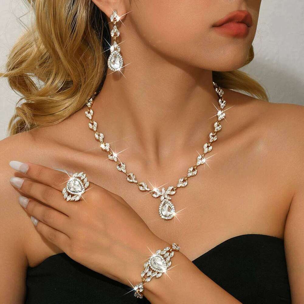 Cross border European style full diamond drip earrings necklace bracelet ring wedding dress banquet versatile set for women Z260313