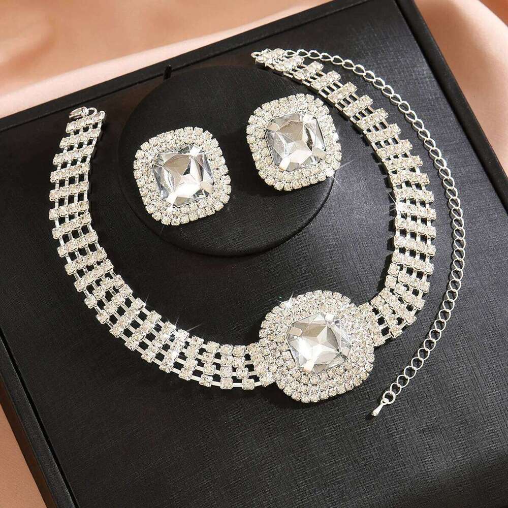 Luxury Crystal Choker Earrings Set Women - Sparkling Square Gem Statement Jewelry for Evening Party Wedding Z260313
