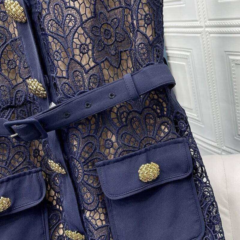 Water Soluble Lace Navy Blue Peter Pan Collar Pocket Buttons Decoration Women Dress High Waist Slim Temperament Pencil Dress Mdng260314 - view 6