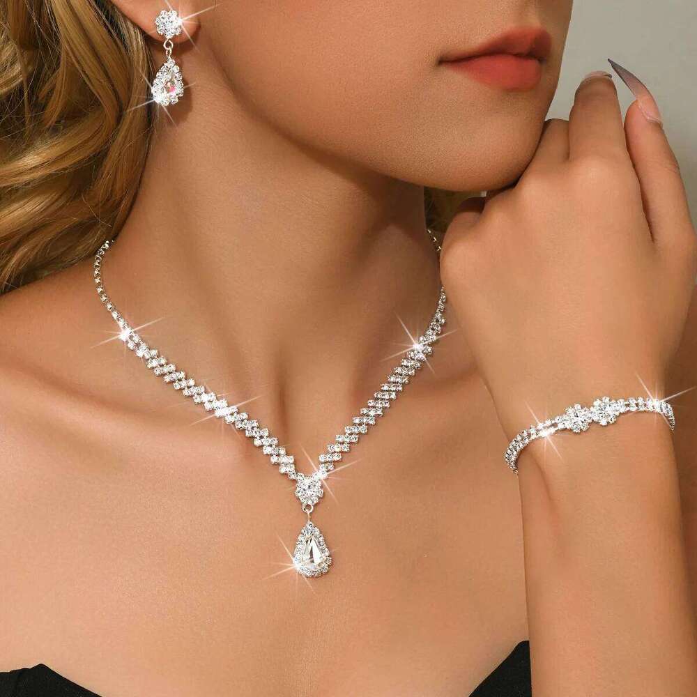 Women's Silver Crystal 4-Piece Jewelry Set - Bridal Necklace Earrings Ring Bracelet for Wedding Prom Evening Party Formal Dress Z260313