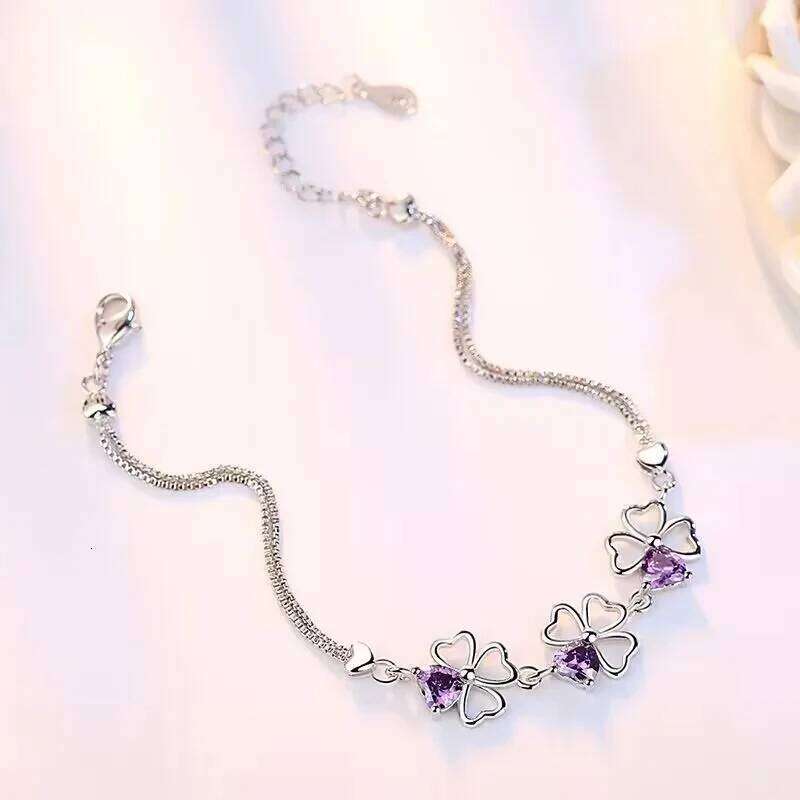 NEW fine 925 Sterling Silver Purple crystal Lucky Clover Bracelets for women fashion party wedding accessories Jewelry 17CM+4CM Z260313