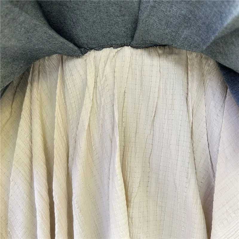 RETRO Spliced Denim Pleated Skirt for Women Summer New Temperament Hot Fashionable High Waist A-line Skirt M260314