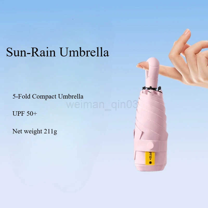 Mini Folding 5-Fold Compact Umbrella with Carabiner Ring Portable Anti UPF 50 UV Sun-Rain Umbrella Lightweight Small H260314