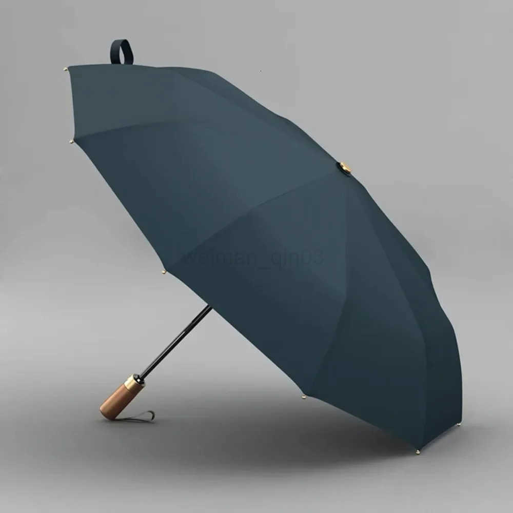 Fully Automatic Wooden Handle Umbrellas Men Foldable Black Business High End Wooden Handle Umbrella For Both Sunny And Rainy Use H260314