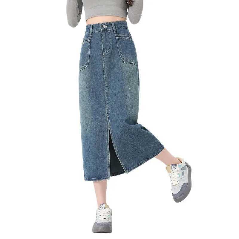 American Retro Distressed Denim Skirt High Waist Slimming Split Design Mid-Length Womens Fashion Ladies Jeans Skirt M260314