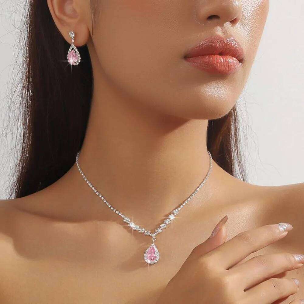 New Luxury Brand Fashion Green Water Drop Crystal Necklace Earring for Women Exquisite Wedding Bride Zircon Jewelry Set Gift Z260313