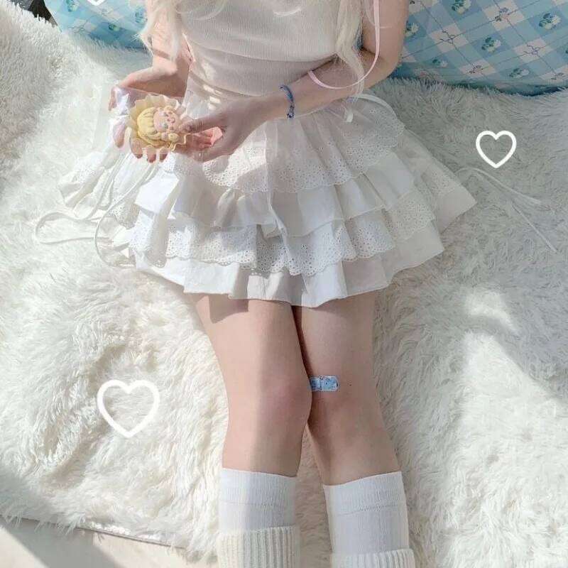 White Mini Skirts Women Lace Patchwork Sweet A-line High Street Bow Korean Fashion Y2k Skirt Harajuku All-match Streetwear Ins Z260314