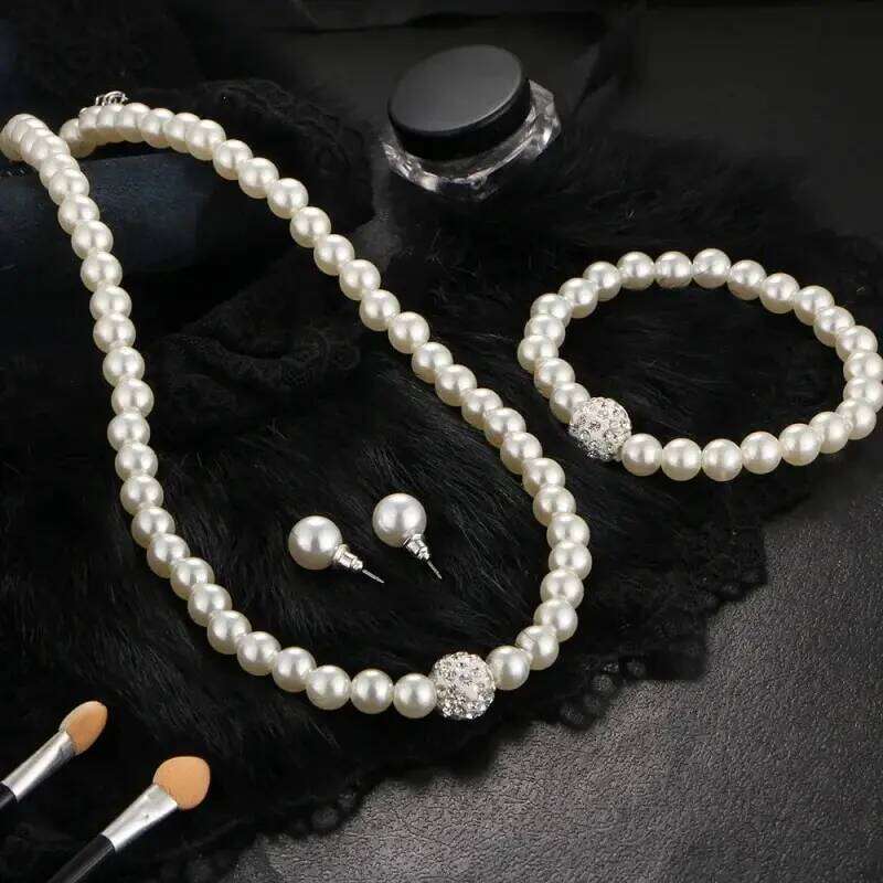 3 PCS Imitation Necklace Bracelet Earring Stud Fireball Pearl Beaded Women Luxury Bridal Party Jewelry Set Z260313