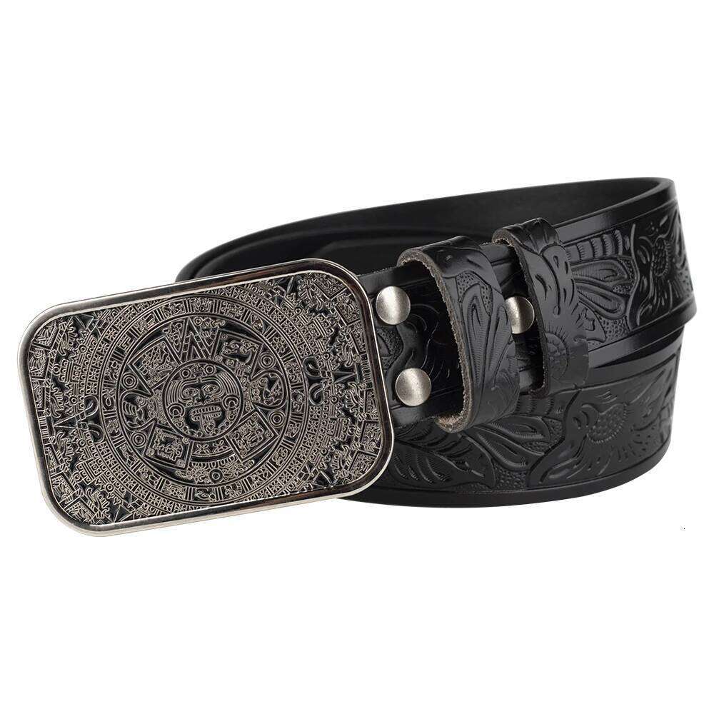 Aztec Calendar Alloy Buckle Eembossed Leather Belt Leisure Fashion Z260226
