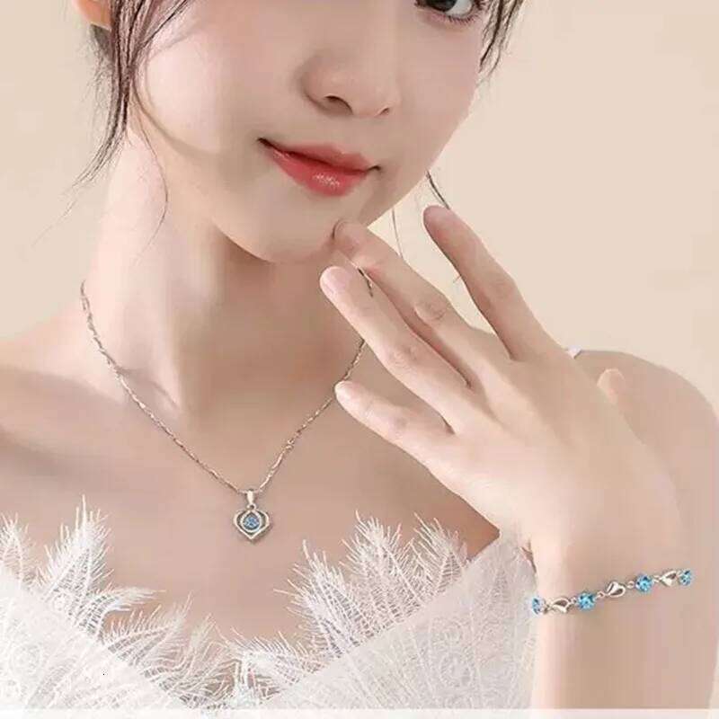 925 Sterling Silver Heart Shaped Necklace Bracelet for Women girls Retro Korean Blue Crystal Jewelry Set Original Party Gift Z260313