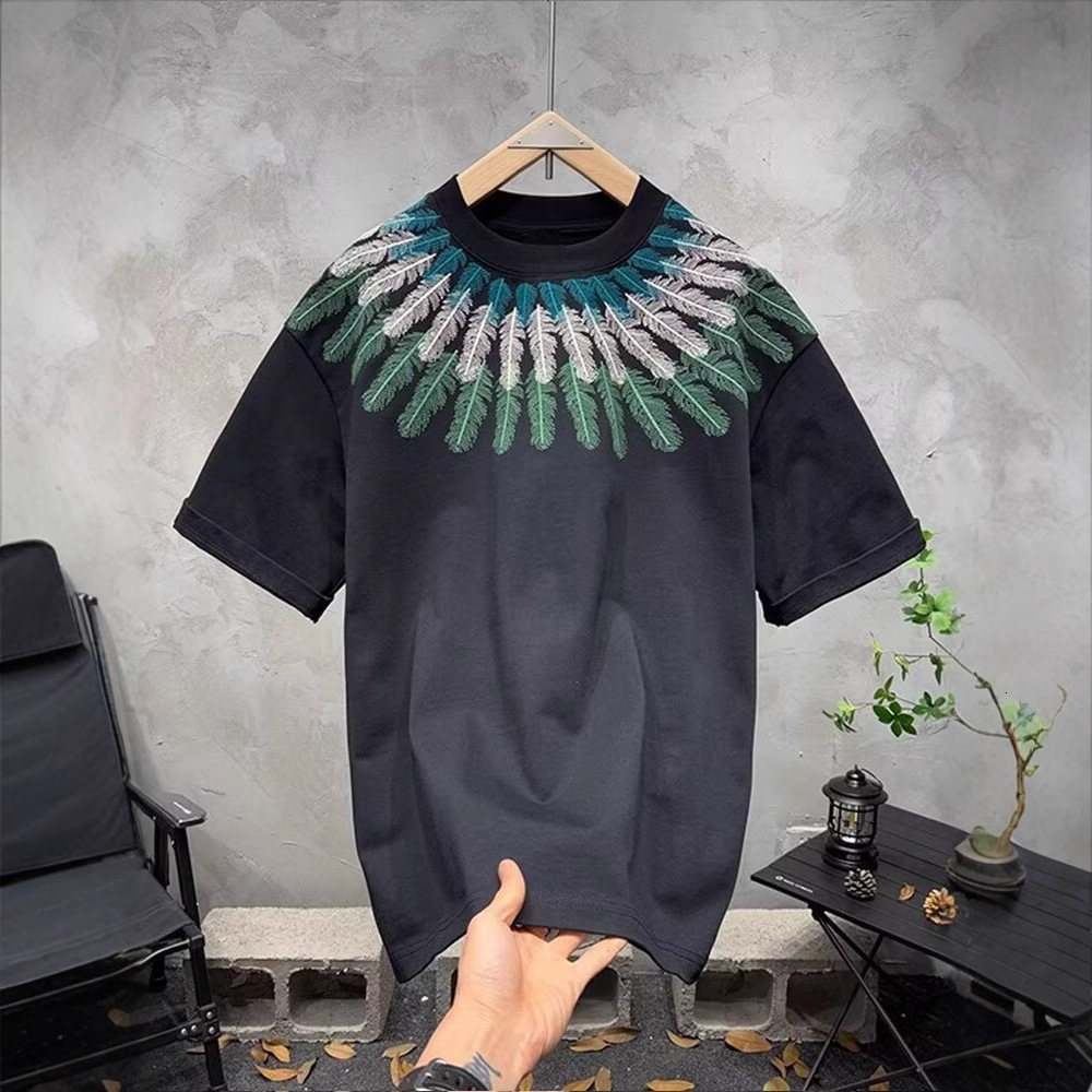 New Designer T-shirt Vintage Men's Summer High Street American Style Polo Trendy Designer Hoodie Heavy Feather Embroidery Couple's Crew Neck