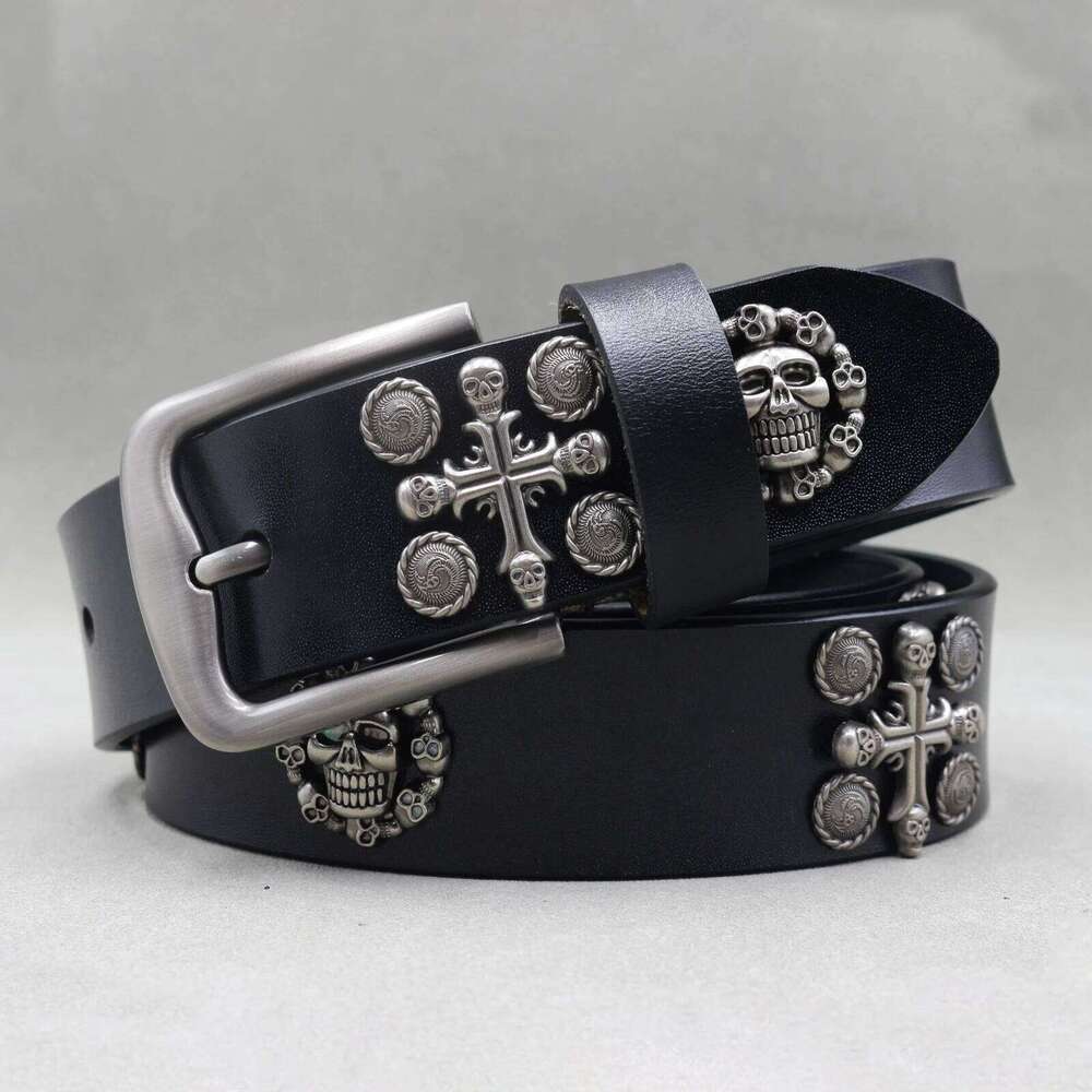 Skull Flower Rivet Metal Pyramid Genuine Leather for Men and Women Hardware Jeans Belt Female Belts Z260226