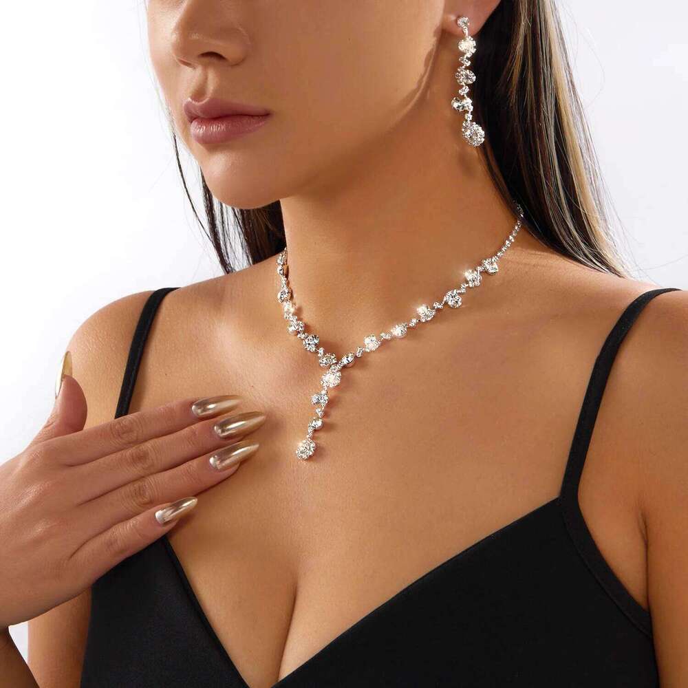 Simple Sparkling Rhinestone Jewelry Set For Women Silver Plated Fashion Geometric Necklace Earrings Party Bride Wedding Decor Z260313