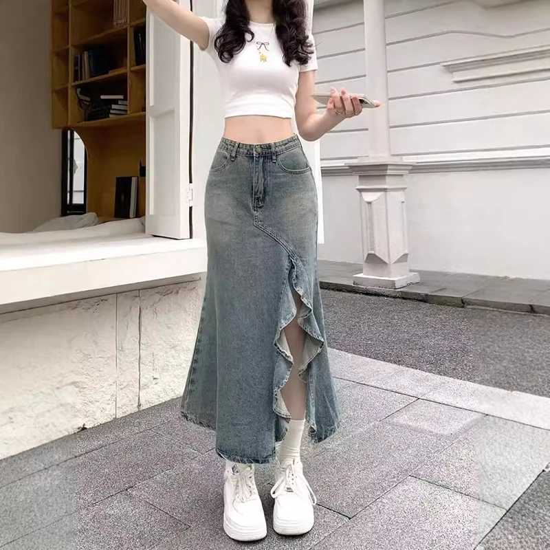 Spring And Summer Korean Retro Women Denim Skirt Fashion Design Irregular Wave Slit High Waist Fishtail Skirt Mid Length Skirt M260314