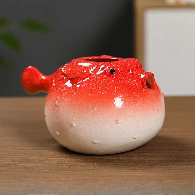 Fish Ceramic Succulent Planter Globefish Pottery Bonsai Pot Cactus Plant Flowerpot Air Plant Holder Display for Home Office Desk Y260314