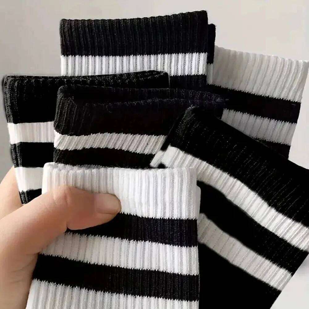 6 Pairs Men's Spring Autumn Simple Casual Black White Striped Breathable Mid Tube Sock High-quality Round Neck Socks Z260314